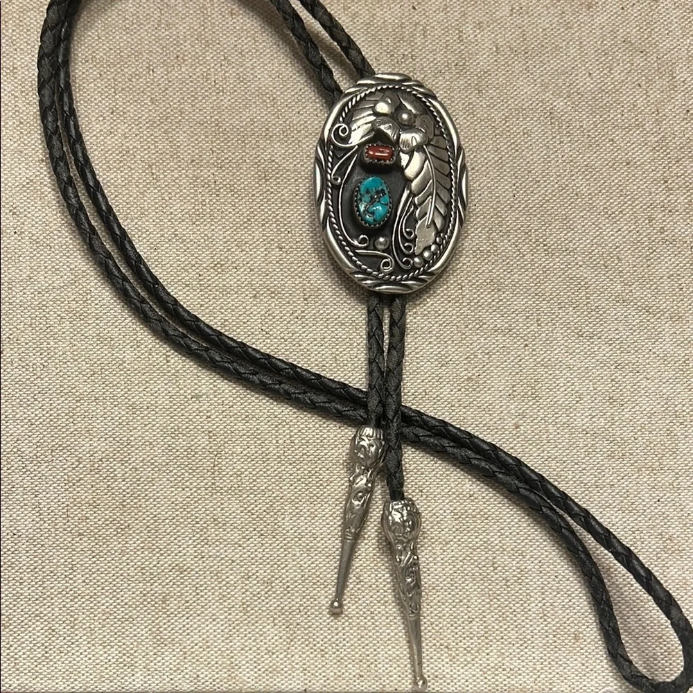 Vintage Southwestern Style Bolo with Genuine Coral and Turquoise SSI USA
